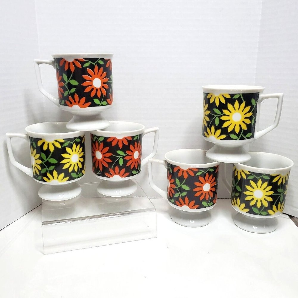 6 Orange Yellow Floral Coffee Tea Cup Mid Century Retro pedestal Mann Made Mug